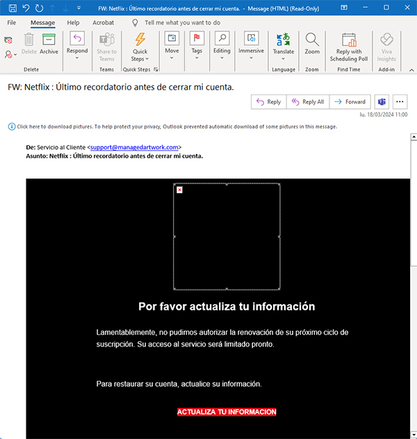 correo phishing Netflix